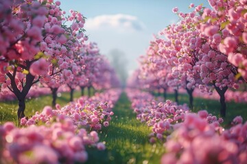 Apple Tree Orchard: Rows of blossoming trees in a spring landscape. 