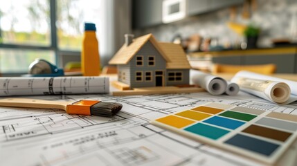 Home construction plan with color samples on table