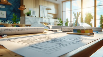 Sunlit architect's desk with blueprints