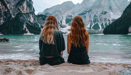 Two friends enjoying the view of majestic mountains while sitting by the tranquil alpine lake