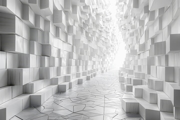 Architectural fashion design background. Abstract white background with chaotic cubes and beam of light.