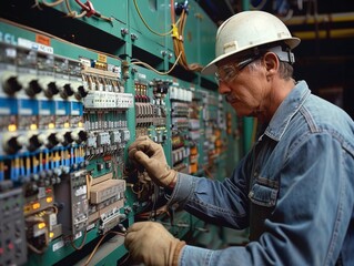 A man in a blue jacket is working on a power box. He is wearing a hard hat and safety glasses