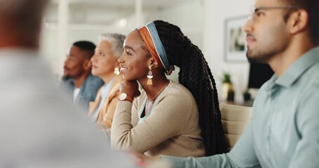 Business people, team and writing notes in training, workshop or watch video for development in career. Men, women and listening to tutorial with notebook, coaching or studying at creative workplace