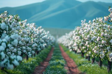 Apple Tree Orchard: Rows of blossoming trees in a spring landscape. 