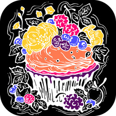 Sweet tasty dessert cupcake with cream and deco for morning breakfast in café or restaurant. Mini birthday cake for pleasure. Hand drawn retro vintage colorful vector illustration. Old style drawing.