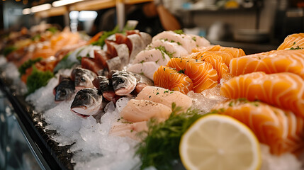 Variety of sushi and sashimi on ice at seafood bar. Close-up gourmet photography. Sushi bar and Japanese cuisine concept. Design for menu, poster, banner - obrazy, fototapety, plakaty