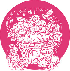 Sweet tasty dessert cupcake with cream and deco for morning breakfast in café or restaurant. Mini birthday cake for pleasure. Hand drawn retro vintage colorful vector illustration. Old style drawing.