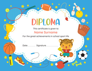 A certificate template design for elementary school students, celebrating success in physical education. It features a playful border, vibrant colors, and child-friendly elements, emphasizing sports.