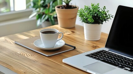 A minimalist home office desk setup with a laptop, coffee cup, and fresh green plants, promoting productivity and comfort.
