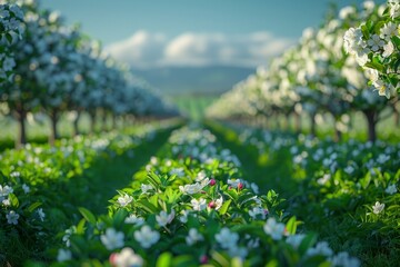 Apple Tree Orchard: Rows of blossoming trees in a spring landscape. 