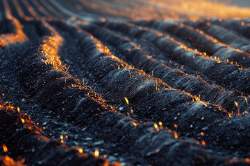 Obraz premium Agrarian natural background. Plowed field with burning straw in the rays of the early morning sun.