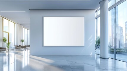 A large white board is hanging on a wall in a large, empty room. The room is very clean and has a modern, minimalist design