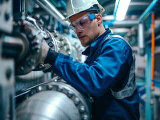 A man in a blue jacket and a hard hat is working on a pipe. He is wearing safety goggles and gloves