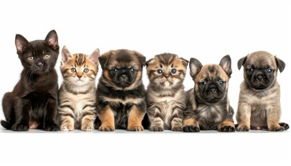 Obraz premium Diverse cats and dogs together in studio, high quality image on white background with space for text
