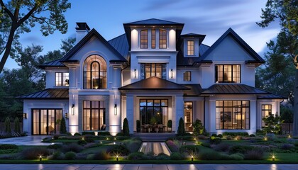 Modern farmhouse with white exterior, black accents, and open living area under dark blue grey roof