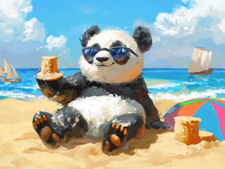 Obraz premium Chubby panda on a summer beach vacation, sunny vibes, sand castles