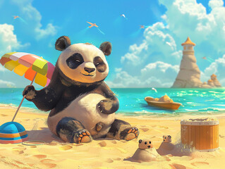 Chubby panda on a summer beach vacation, sunny vibes, sand castles