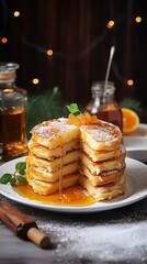 stack of pancakes with honey syrup