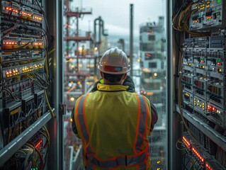 Fototapeta premium A man in a yellow vest is standing in front of a large electrical panel. He is wearing a hard hat and safety gear. Concept of caution and responsibility