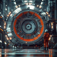 Naklejka premium A man in an orange jumpsuit stands in front of a large, metallic sphere. The sphere is surrounded by a bright orange glow, and the man is looking at it with curiosity