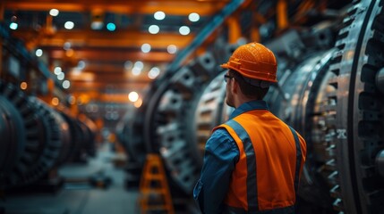 A man in an orange vest stands in front of a large machine. He is wearing a hard hat and safety glasses. The scene is industrial and the man is a worker