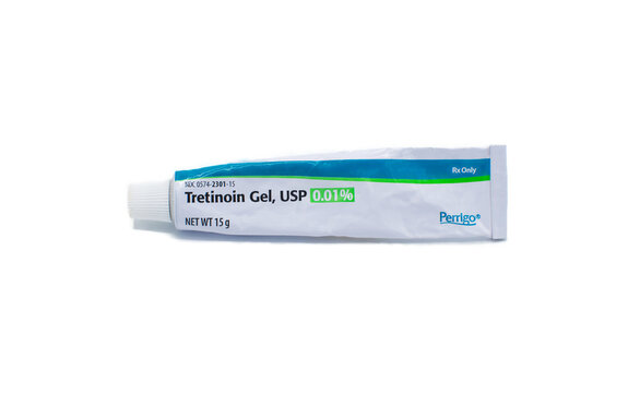 Ocala, FL 4-28-24 Tretinoin by Perrigo cream or gel proven to help improve skin appearance by combatting both acne and signs of aging like fine lines and wrinkles, isolated on white background