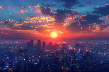 Obraz premium City Skyline with Red Sun in Anime Aesthetic Style