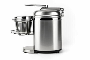 A sleek silver juicer with a wide feeding chute and stainless steel blades isolated on a solid white background.