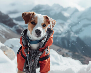 Playful puppy explores snowy mountains, winter adventure, cozy attire