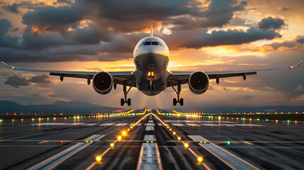 airplane landing at sunset