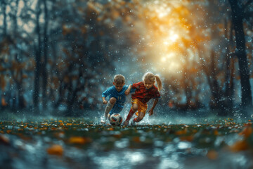 Fototapeta premium Two Young Children Playing Soccer in a Magical Forest Setting