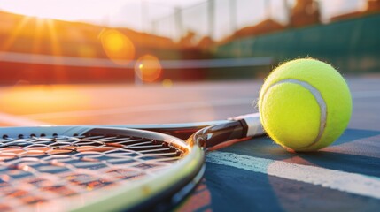 Tennis ball with racket on blue court