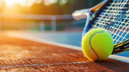 Close-up tennis ball and racket on court