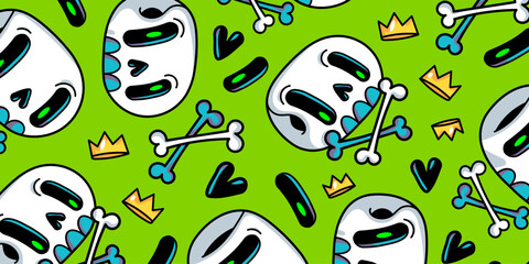 Cute cartoon skulls with crown pattern background. Funny skulls illustration for Halloween cover design. Vector EPS 10.