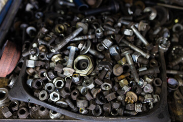 Steampunk texture, backgroung with mechanical parts. Many Tools on dirty floor, Set Craftsman tool...