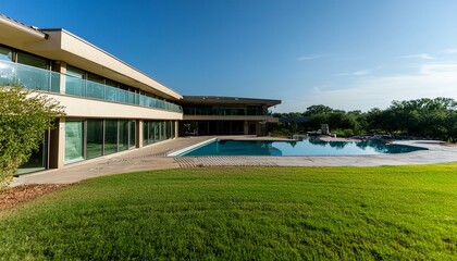 Fototapeta premium Texas Tranquility: A Contemporary Retreat with a Sprawling Pool and Panoramic Views