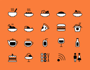 Vector restaurant food icon illustrations. Hot dinner plate templates. Modern meal and dish symbol set. Cafe pictograms for pasta, pizza, bowl, burger, fish, chicken, soup, wok, ramen, rolls, sushi