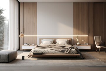 A spacious bedroom featuring a large bed and a sizable window, creating a comfortable and airy ambiance. Generative AI