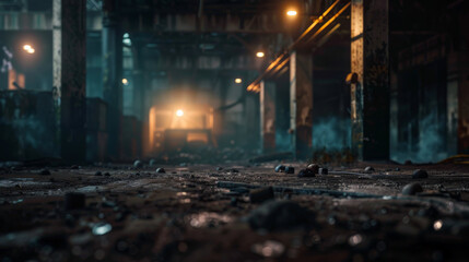 Fototapeta premium Derelict factory Background, decaying metal beams, dusty floor, blue light with warm lights. Urban decay