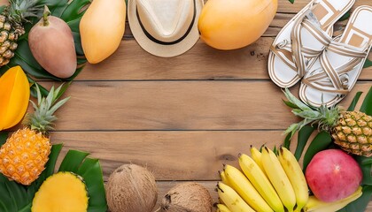 Variety of Asian fruits around the wooden table. Copy space at the middle