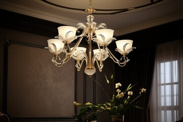 An elegant chandelier hangs from the ceiling in a room, illuminating the space with its intricate design. Generative AI