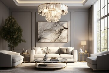 A fully furnished living room featuring multiple pieces of furniture and a grand chandelier hanging from the ceiling. Generative AI