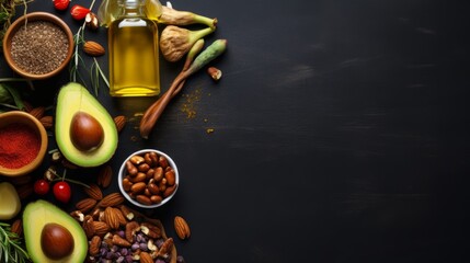 Assorted healthy fats food selection with avocado, nuts, seeds, and olive oil, with blank space for adding text or design