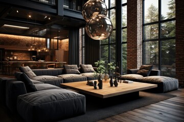 A living room with sleek black furniture and large windows letting in natural light. Generative AI