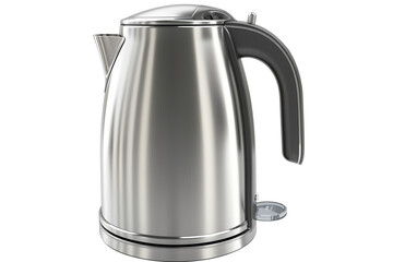 A stainless steel electric kettle with a cordless design and a 360-degree rotating base isolated on a solid white background.