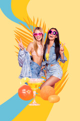 Creative vertical collage cheerful young girls best friends martini cocktail drink fruits peace...