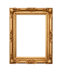 Elegant rectangular gold picture frame with elaborate scrollwork and floral motifs, perfect for art display. Generative AI