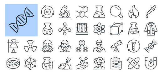 Science, chemistry and laboratory editable stroke outline icons set isolated on white background flat vector illustration. Pixel perfect. 64 x 64. 