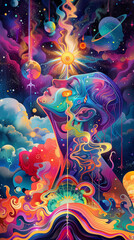 The woman with a colorful vortex emanating from her head. The vortex consists of a multitude of shapes, such as stars, planets, and galaxies.