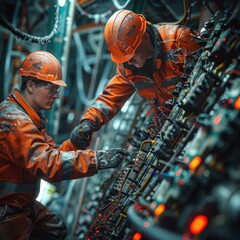 Two men in orange safety gear are working on a machine. Scene is serious and focused, as the men are concentrating on their task